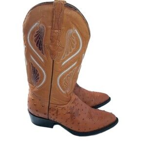 El General Western Cowboy Boots Men's Size 9 Ostrich Print Leather Brown Tan